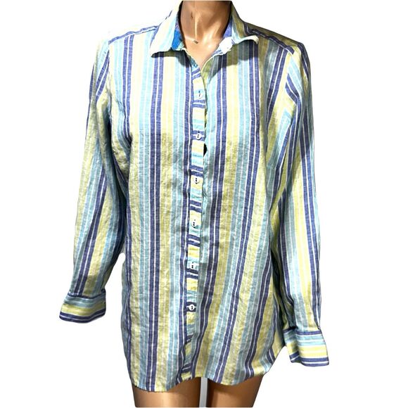 Foxcroft Women’s Plus Size 16 Relaxed Striped Plaid Linen Button Up Shirt Tunic - Picture 2 of 10